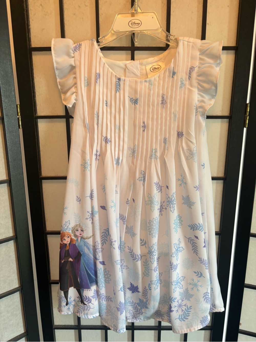 Disney Fozen dress white with snowflake and Ana and Elsa print on dress size 4